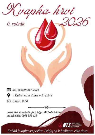 Kvapka krvi 2026: odber 25. septembra v Kultúrnom dome Brezina